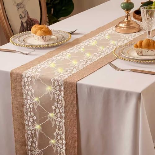 8Pack Vine Burlap Table Runner with LED String Lights 12 x 108 Inches Burlap Lace Table Runner Rustic Wedding Decorations Thanksgiving Home Party - Image 2