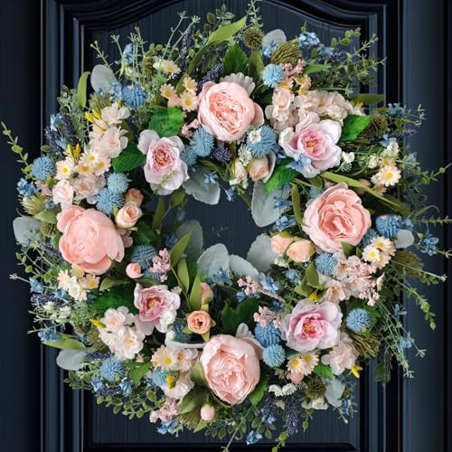 Spring Pink Peony Front Door Wreath 24-inch Flower Blue Wreath Indoor Outdoor Front Door Hallway Window Decoration Wedding Birthday Party Decoration（Pink by vivimemo