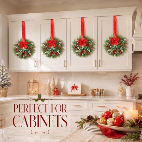 Dingion 4 Pcs 12 Inch Christmas Cabinet Wreaths for Kitchen with Red Bow - Image 3