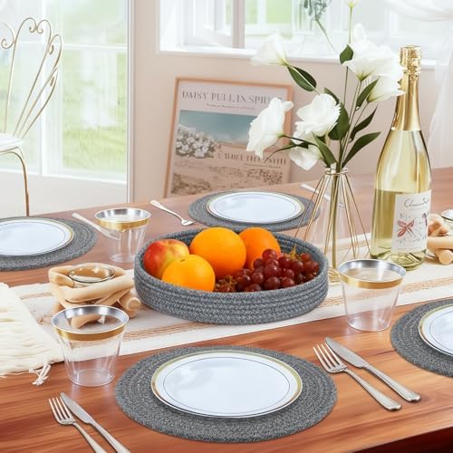 Round Placemats Set of 6 with Holder, Cotton Rope Woven Place Mats, Hot Pads for Kitchen, Heat Resistant Table Mats, 13 Inch Farmhouse Washable Braided Placemat for Kitchen Decor (Dark Gray) - Image 5