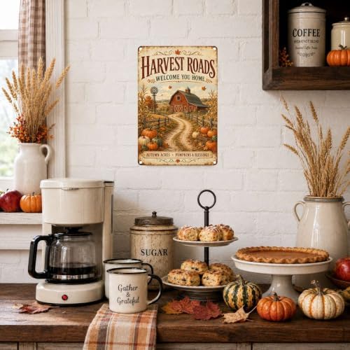 Decorative Tin Sign Vintage Metal Tin Sign Rustic Distressed Finish Harvest Roads Red Barn Windmill Pumpkin Farm Wall Decor for Farmhouse Entryway Porch 6×8 Inches with Metal Frame - Image 4