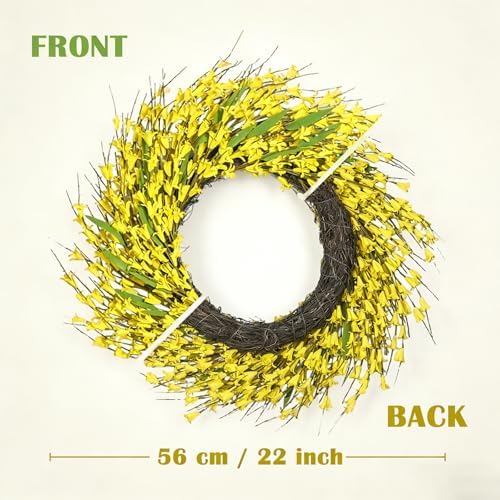 idyllic 22 Inch Spring Yellow Forsythia Leaf Wreath, for Front Door Window Porch Living Room Mantel Farmhouse Spring Home Decor Gift - Image 2