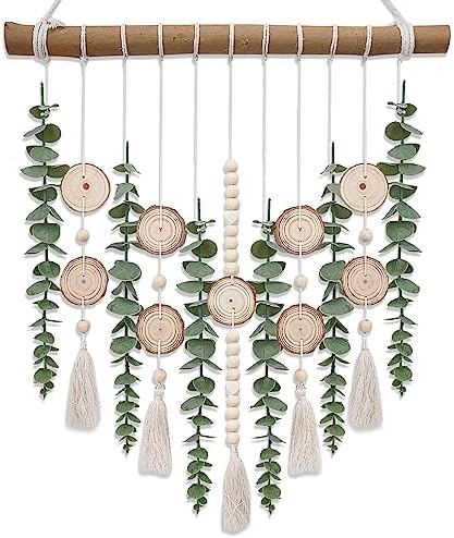 Boho Wall Decor Artificial Eucalyptus Bathroom Decor Fake Eucalyptus Greenery Leaves Stems Wall Hanging Plants on 16.5 inch Wooden Stick with Wooden Bead Rustic Farmhouse for Bedroom Nursery Kitchen by Cyitimo