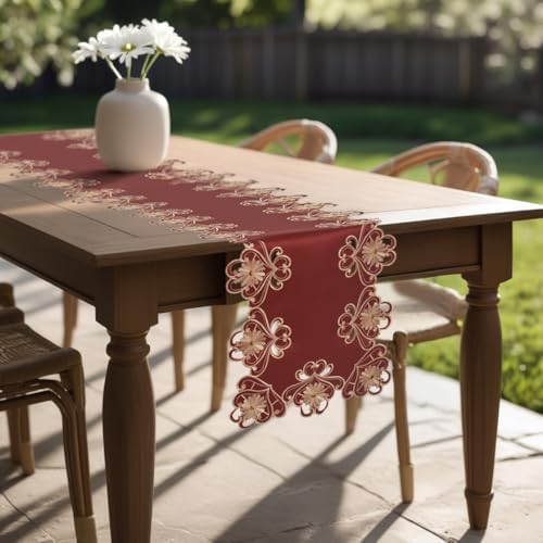Decozen Gold Lace Red Table Runner - European Embroidery Dresser Decor Scarf for Home, Kitchen, Dining, and Wedding - 14 x 108 Inches - Valentines Day Decor - The Imperial Red Collection - Image 2