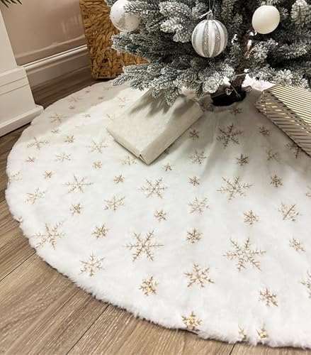 AOGU 60 Inch Sequin Faux Fur Christmas Tree Skirt Decoration for Merry Christmas Party White Plush Gold Sequin Snowflake Xmas Christmas Tree Skirt Decorations by AOGU