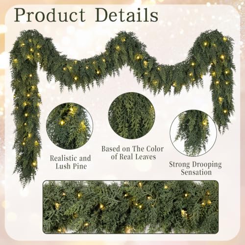 9FT Christmas Cedar Garland with Lights Prelit Pine Garland Christmas Decor - Image 3