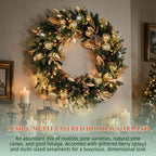 Hykolity 28 Inch Pre-Lit Botanical Christmas Wreath with 50 Warm White LEDs and Timer, Battery Operated Artificial PE & PVC Wreath with Ornaments, Pinecones and Layered Gold Leaves for Front Door - Image 3