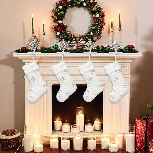 Funnymoom 8 Pcs Christmas Stockings with Holder Set Includes 4 Faux Fur Stocking Ornaments 4 Mantle Snowflake Stocking Hangers Hooks for Xmas Family Party Decoration (White/Silver) - Image 6