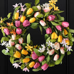 22" Tulip Wreath Spring/Summer Wreaths Artificial Floral Wreaths for Front Door Yellow Pink Tulip Easter Wreath for Indoor Outdoor Home Holiday Party Wedding Decor by CIROASES