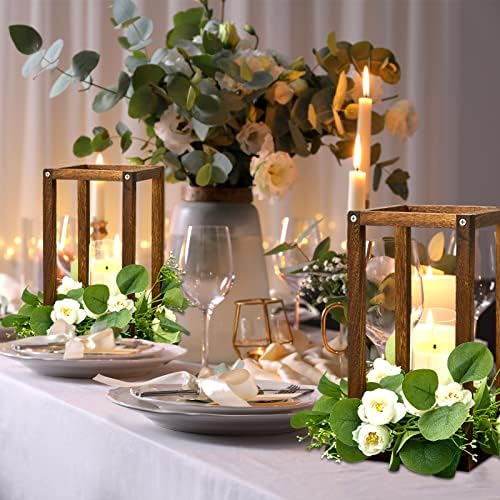 Sabary 5 Sets/ 10 Pcs Wooden Lantern Centerpieces with Candles, Caramel - Image 6