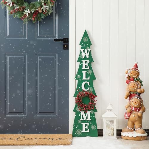 Glitzhome 42" H Wooden Welcome Christmas Tree Porch Sign with Berries Wreath Vertical Porch Sign in Xmas Tree Shape Farmhouse Hanging Sign Decorations for Front Door Wall Display by Glitzhome