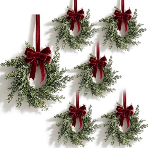 6 Pcs Small 4th of July Hanging Wreaths for Cabinets Patriotic Mini Candle Ring Wreath with Red White Blue Flowers (6, Winter Greenery Cedar Burgundy Bow) by Unknown