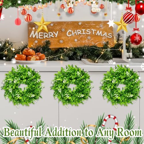 6 Pcs Christmas Boxwood Wreath Artificial 10 Inch Green Leaves for Front Door Cabinets Wreath Indoor Outdoor Wall Decor Christmas Wall Home Kitchen Decoration - Image 4
