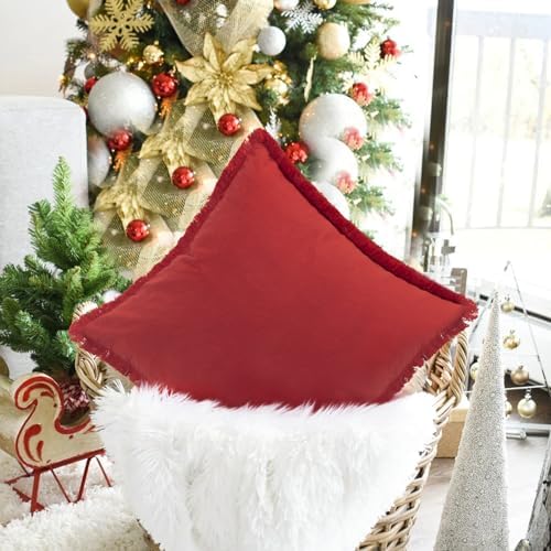 ZWJD Red Pillow Covers 22x22 Set of 2 Throw Pillows with Fringe, Chic Cotton Decorative Square Cushion Covers for Sofa, Couch, Bed, Living Room, Farmhouse, Boho Decor - Image 3