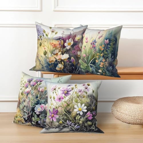 4 Pcs/Set Flowers Pillow Covers Spring Summer Colorful Floral Green Leaves Gradient Color Plants Minimalist Natural Scenery Linen Cushion Case for Couch Sofa Bedroom, 24"x24" - Image 4