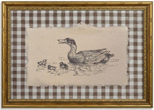 Gold Framed Duck Wall Art, Farmhouse Gingham Canvas Print, 24x16 by Qzzrin