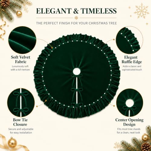 DarkGreen Velvet Christmas Tree Skirt with Ruffled Edge&Pearls,60" - Image 7