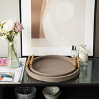 2 Piece Coffee Brown Round Serving Tray with Handles, Woven-Texture Faux Leather Ottoman Tray for Living Room, Decorative Tray for Coffee Table Home Decor - Image 7