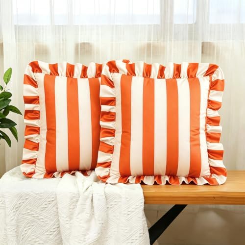 vctops Ruffle Square Throw Pillow Covers Boho Pink and Red Striped Decorative Pillowcases Set of 2, Soft Velvet Accent Cushion Cover Cases for Sofa Bed Living Room Decor (Orange Beige,18"x18") by vctops