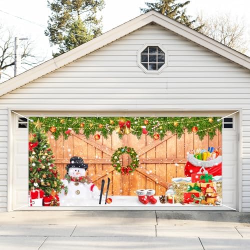 JarThenaAMCS Christmas Garage Door Banner Cover 7 x 16 Ft Xmas Tree Snowman Wood Texture Board Yard Sign Large Backdrop Photo Prop for Winter Indoor Outdoor Home Party Decor - Image 6