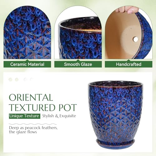 11.8 Inch Flower Pots for Indoor Plants,Ceramic Planter with Saucer Drainage Leak-Proof Mesh Gardening Gloves (Peacock-Blue) - Image 3