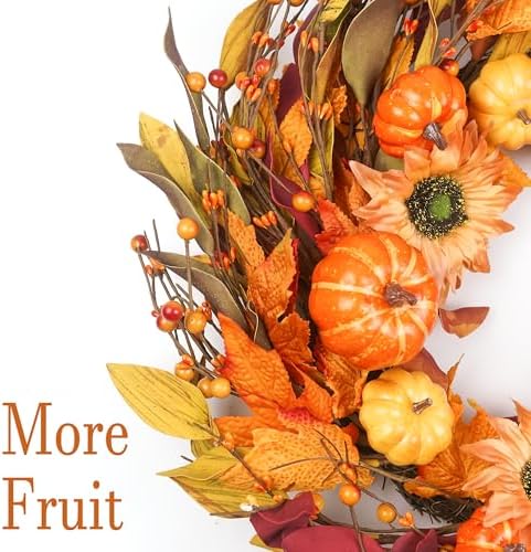 Fall Wreaths for Front Door 22 Inch, Autumn Wreath with Berry Pumpkin, Maple Leaves, Thanksgiving Harvest Festival Decorations Indoor and Outdoor - Image 3