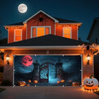 7x16ft Scary Halloween Garage Door Cover for Double Car Full Blood Moon Bats Iron Gate Haunted House Halloween Garage Door Banner Backdrop for Photography for Outdoor Party Decorations - Image 3