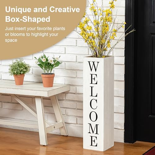 Glitzhome 30"H Wooden Welcome Porch Sign Rustic Double Sided Box-shaped "WELCOME, HOME" Porch Sign for Front Porch Decor, Washed White - Image 4