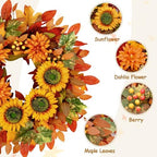 Waipfaru Fall Wreaths for Front Door,22 inch Autumn Sunflower Wreath,Fall Indoor Outdoor Decor with Maple Leaf,Thanksgiving Halloween Decorations for Home, Porch Decor - Image 3