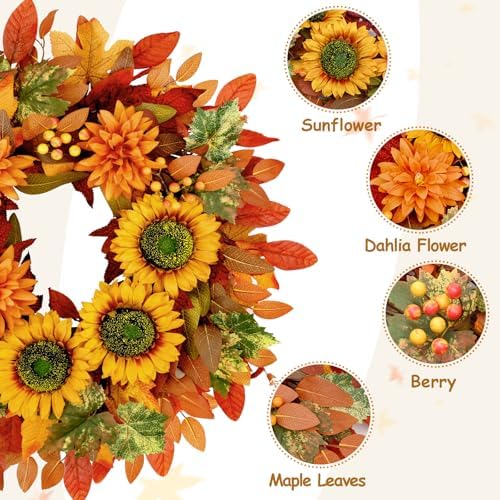 Waipfaru Fall Wreaths for Front Door,22 inch Autumn Sunflower Wreath,Fall Indoor Outdoor Decor with Maple Leaf,Thanksgiving Halloween Decorations for Home, Porch Decor - Image 3