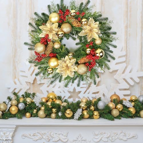 20'' Christmas Wreaths for Front Door, Gold Ball and Flower, Red Berry Decor for Indoor Outdoor Home Christmas New Year - Image 4