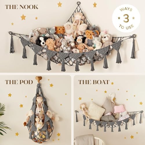 TIDYTEDS XL Stuffed Animal Hammock – Handcrafted Corner Net, 4mm Double Macrame Cord, 100% Natural Cotton Plushie Holder with LED Light (Gray) - Image 5