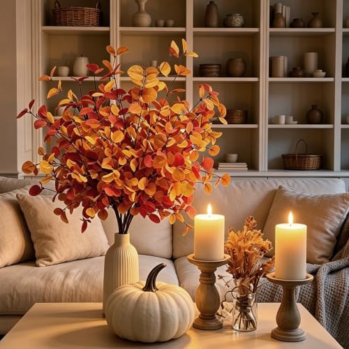 Artificial Fall Eucalyptus Stems, 12 Pcs 27.5 Inch Fake Fall Leaves Branches for Vase, Autumn Thanksgiving Home Wedding Decor (12PCS) - Image 7