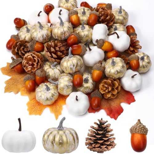 Yookeer 120pcs Fall Mini Pumpkins Artificial Acorn Pine Cone, Vintage Color by Yookeer