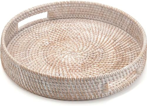16.9" Round Rattan Tray, Hand Woven Serving Tray with Handles, Wicker Serving Basket, Decorative Tray for Home Decor, Whitewash by XIMISISE