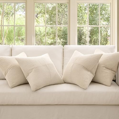 MIULEE Beige Throw Pillow Covers 20x20 Inch Set of 4 Boho Patchwork Cushion Cases Modern Farmhouse Pillow Cases with Invisible Zipper Corduroy Striped Home Decor for Couch Sofa Bedroom - Image 2