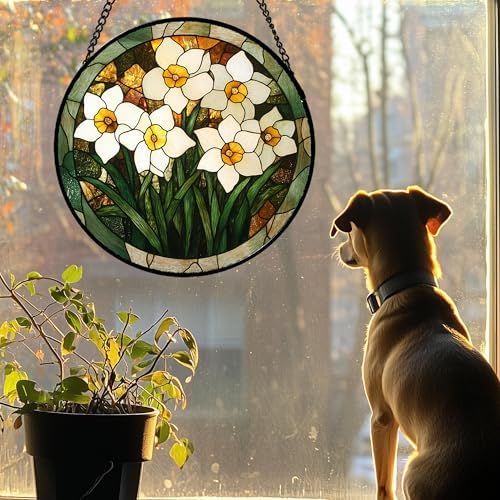 White Lily Flower Leaves Stained Glass Window Hanging Suncatcher Gifts 12" - Image 3