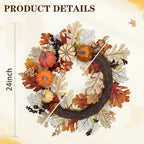 24 inch Fall Wreaths for Front Door Outside Autumn Wreath Fall Decorations for Home Decor Pumpkin Wreath for Farmhouse Holiday Thanksgiving Harvest Halloween Outdoor Indoors Fall Front Porch - Image 2