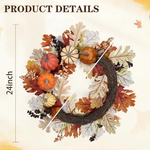 24 inch Fall Wreaths for Front Door Outside Autumn Wreath Fall Decorations for Home Decor Pumpkin Wreath for Farmhouse Holiday Thanksgiving Harvest Halloween Outdoor Indoors Fall Front Porch - Image 2