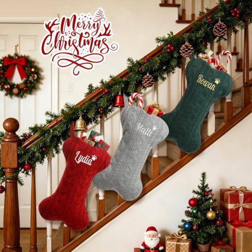 Personalized Dog Christmas Stockings,Custom Embroidered Pet Name & Bone Shape Stocking for Pet,Pink Blue Cable Knit 15.7” Large Dog Stocking for Fireplace Holiday Decor Gifts(9 Pack) - Image 7
