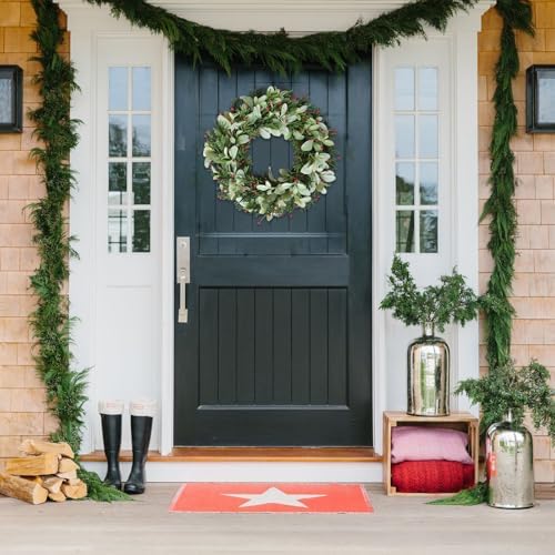 24 Inch Artificial Wreaths for Front Door, Winter Spring Decoration Wreath with Red Berry and Lamb Leaves, Evergreen Natural Wreath for Indoor Outdoor Farmhouse Festival Home Decor - Image 2