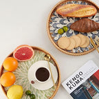 Round Rattan Tray with Mother of Pearl Inlay, Rattan Serving Tray with Wooden Base, Decorative Wicker Basket for Table Decor, Storage and Display of Coffee Bread Food Fruit (Plume) - Image 2