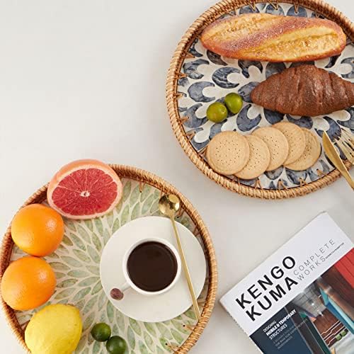 Round Rattan Tray with Mother of Pearl Inlay, Rattan Serving Tray with Wooden Base, Decorative Wicker Basket for Table Decor, Storage and Display of Coffee Bread Food Fruit (Plume) - Image 2
