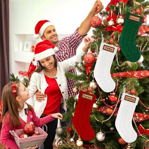 Personalized Christmas Stockings Knitted Set of 4: 18'' Large Knit Family Christmas Stocking Custom Name with Leather Patches White Red Green Bulk Xmas Stocking Hanging Decorations for Home Party - Image 7