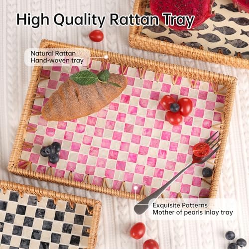 Rectangle Rattan Tray with Mother of Pearl Inlay, Rattan Serving Tray with Handle for Coffee, Bread, Fruits, Decorative Wicker Tray for Table Decor (Rectangle Pink Checkerboard, 13"×9") - Image 3