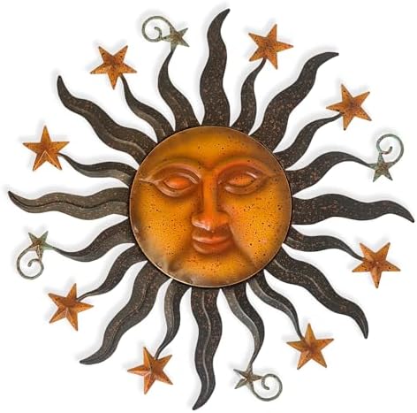 LIFFY 24" Sun Face Metal Wall Art for Outdoor Decor - Solar Themed Hanging Sculpture, Weather-Resistant Garden Patio Wall Décor, Farmhouse Home Accent Gift (Antique Bronze Finish) by LiffyArt