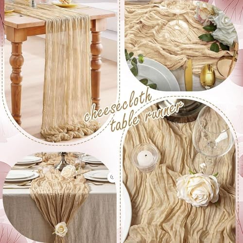 24 Pack Beige Cheesecloth Table Runner 17"x108" Boho Gauze Fabric Table Runner Vintage Rustic Sheer Runners for Wedding Party Bridal Baby Shower Table Decorations - Image 6