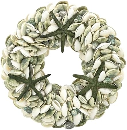 Natural Seashell Wreath w/Shells, Starfish, Pearls, Sea Snails - Spring & Summer Coastal Decor Beach House Indoor Door Wreath, 18in Green by GaltInternational