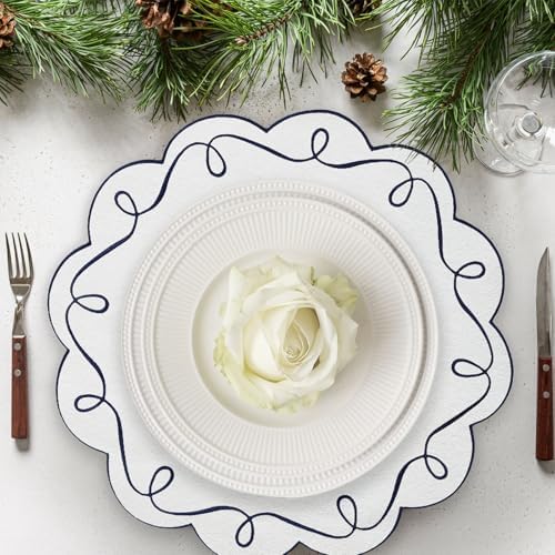 15 Inch Ribbon Twirl Embroidery Round Placemats Set of 4, Scalloped Round Table Mats for Party Kitchen Dining Decoration, Navy - Image 3
