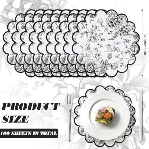 Stuffygreen 100 Pcs Black Floral Paper Placemats with Scalloped Edges 15 Inch Chinoiserie Paper Table Mats Vintage Floral Place Mats for Dining Parties Weddings Holidays Table Decorations - Image 2